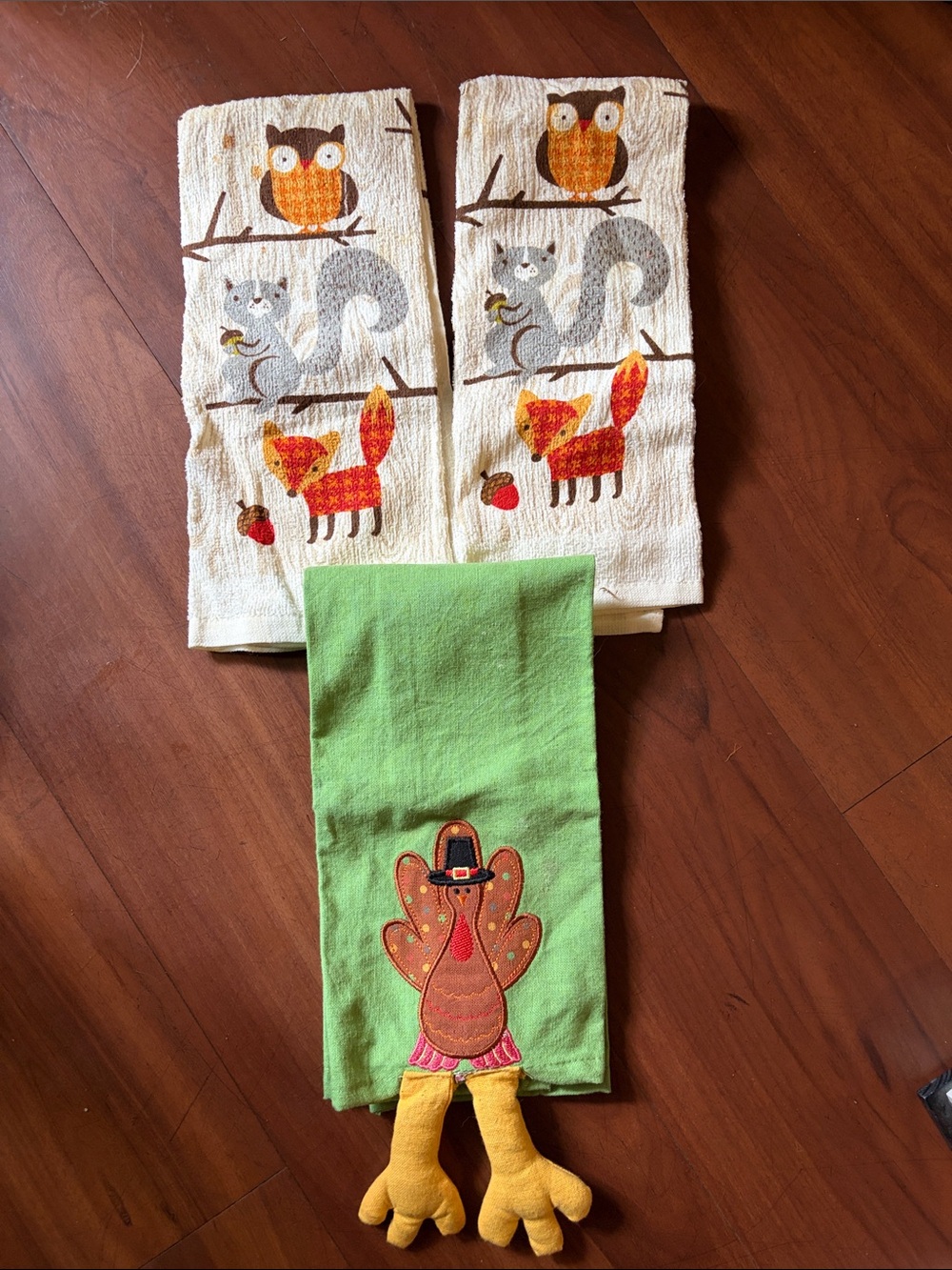 2 Autumn Animal Kitchen Towels and 1 Green Turkey with Legs Kitchen Towel